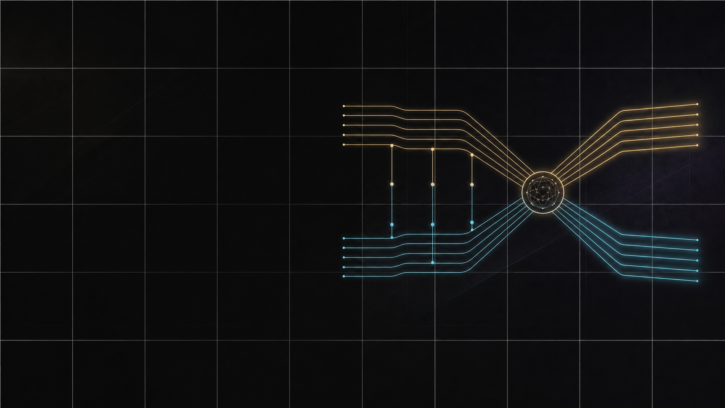 Cyan and gold organic and paid streams exchanging signals before converging into one LinkedIn strategy